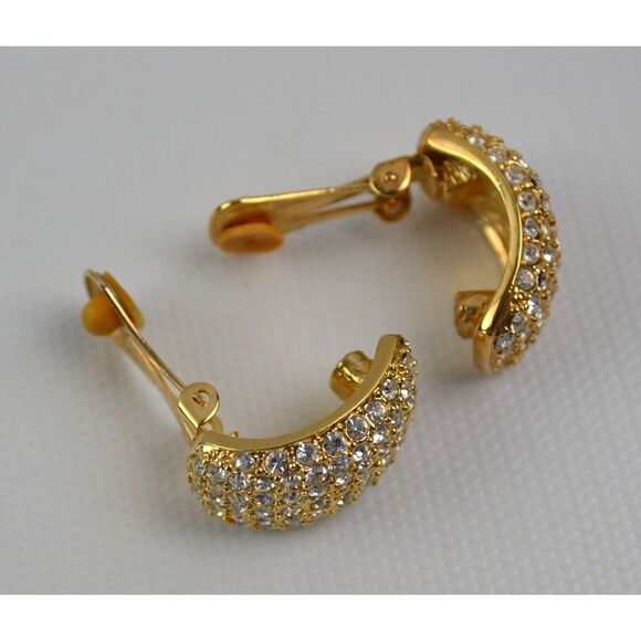Vintage Roman Gold Tone‎ Half Dome Clip On Earrings w/ Tiny Rhinestones About 1" - Picture 2 of 10